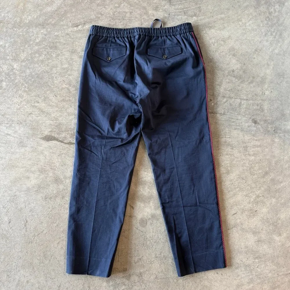 Gucci Mens Navy Wool Red Blue Web Stripe Drawstring Trousers Size 50